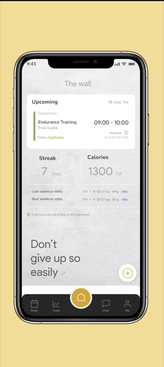 Gym Health Companion mobile app - class booking with endurance training session, streak counter, and calorie tracking