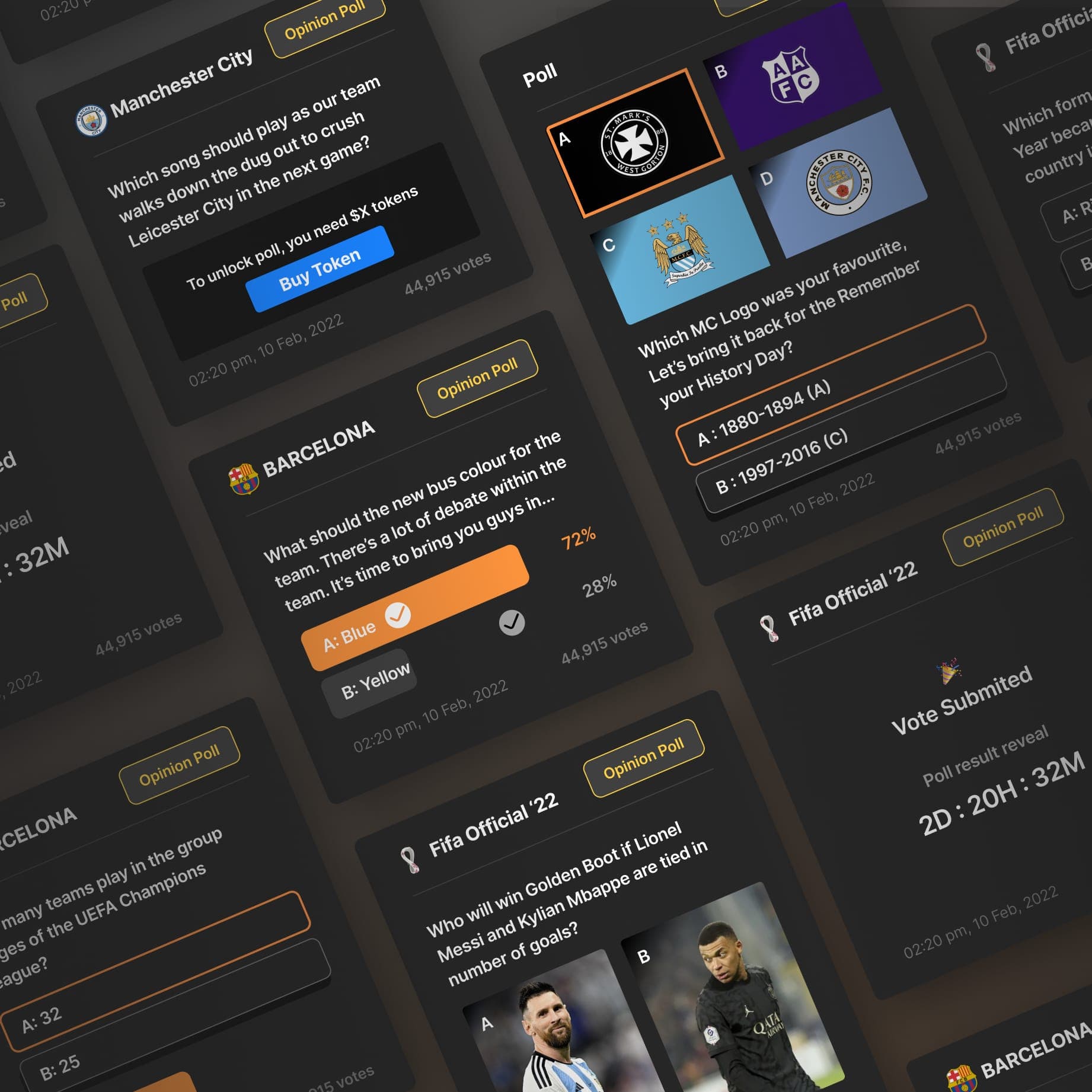Sportzchain - sports fan engagement screens with Manchester City, Barcelona, and FIFA Official 2022 opinion polls and token-gated voting