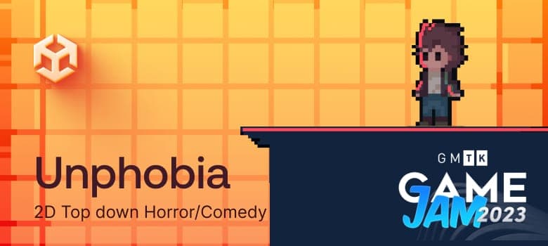 Unphobia - pixel-art 2D top-down horror/comedy game made for GMTK Game Jam 2023, with a bow-wearing protagonist on an orange grid platform and the Unity logo